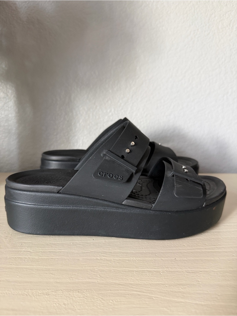 CROCS Women's Black Platform Double-Strap Slide Sandals